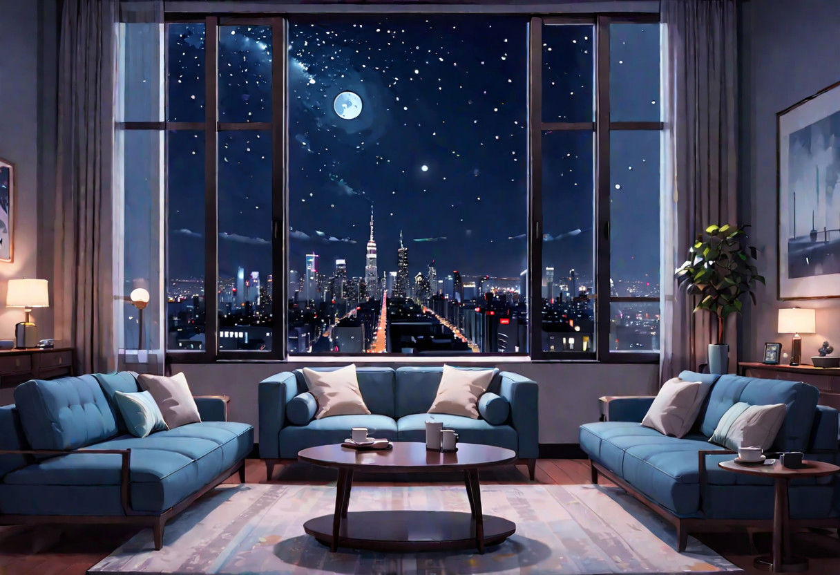 ((((front view)))), Shallow scene, ((animation style)), (((City high-rise building scenery))), ((((City scenery outside the window)))), ((sense of mystery)), (night), starry sky, moonlight, (weak warm light), (Facing the window), (open window), modern-style interior,  (sofa and coffee table by the window sill), Wooden floor, with white walls, (large windows), carpet, a living room, (Behind the sofa is the window sill),