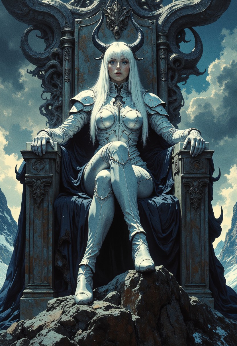 (digital artwork, hyper realistic, rough textures:1.2), nistyle, dark fantasy.
epic dramatic cinematic of a slender woman sitting on her huge throne. the woman leans back he, her slump and bored posture, almost manly, an understatement to her ultimate power.
she has long white hair cascading down her shoulders, straight and styled as middle parting.
she wears a delicate lightweight silver armor with tight white accents, the polished silver is unadorned and futuristic with white neoprene appliques.
an soft ethereal glow radiates from the silver and her white hair. on her head a onyx crown, from the delicate base, two sinuous onyx horns grow. 
the chiseled stone throne placed on top of a mountain, set against a cloudy stormy sky, is enormous and brutal in appearance. ornaments of alien origin, otherworldly and evil, decorate it. the woman shines in an angelic glow while the scene overall is dim and lit by cold dramatic light, soft shadows enhance the ominous atmosphere of the cold and harsh environment.