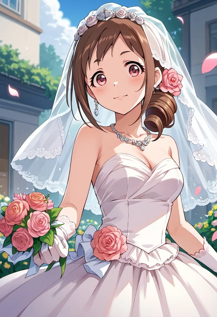 score_9, score_8_up, score_7_up, source_anime, oohara michiru, brown hair, drill hair, pink eyes, 1girl, solo, gloves, dress, veil, jewelry, flower, necklace, wedding dress