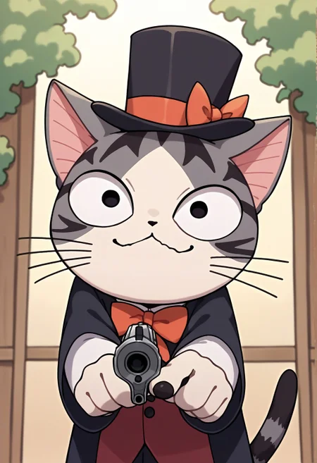 score_9, score_8_up,score_7_up, source_ anime, source_furry,
<lora:ChamChiYamadaPonyXL:1>,ChiYamada, cat, black eyes, closed mouth, holding weapon, pistol, pointing at viewer, smug, top_hat