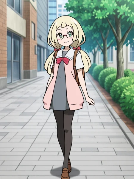 standing, looking at viewer, seductive smile, outdoors,
 <lora:lilie_v3:1> mag3ca gir7l, li7lie un7form,green eyes,long hair,blonde hair,tied hair,two pigtails,red glasses,gray school uniform,red bow,sailor collar, light pink open shirt,brown backpack,black pantyhose, brown shoes,, masterpiece, high quality, absurdres, best quality, very aesthetic, newest,