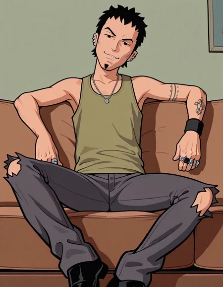 masterpiece, best quality, absurdres, newest, perfect quality, best quality, absolutely eye-catching, detailed background, intricate details, realistic, male focus, <lora:Daria - Trent Lane - Illustrious-000010:0.8>, trentlane, 1boy, mature male, black hair, black eyes, goatee, multiple earrings, green tank top, necklace, single wristband, multiple rings, black pants, torn pants, black shoes, head tilt, looking at viewer, indoors, sitting, on couch, smirk