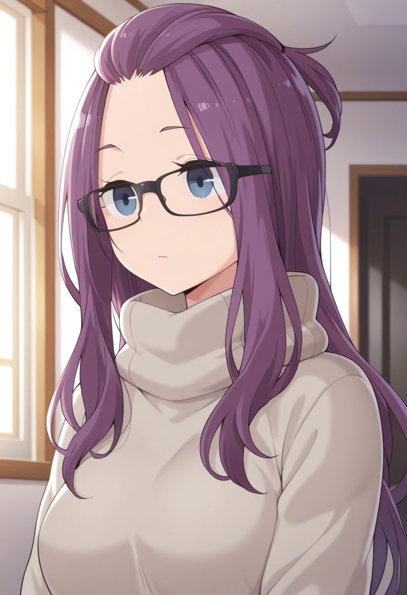 masterpiece,best quality,amazing quality, kagamihara sakura, purple hair, long hair, glasses, black-framed eyewear, blue eyes, 1girl, solo, bangs pinned back, closed mouth, sweater, turtleneck, indoors