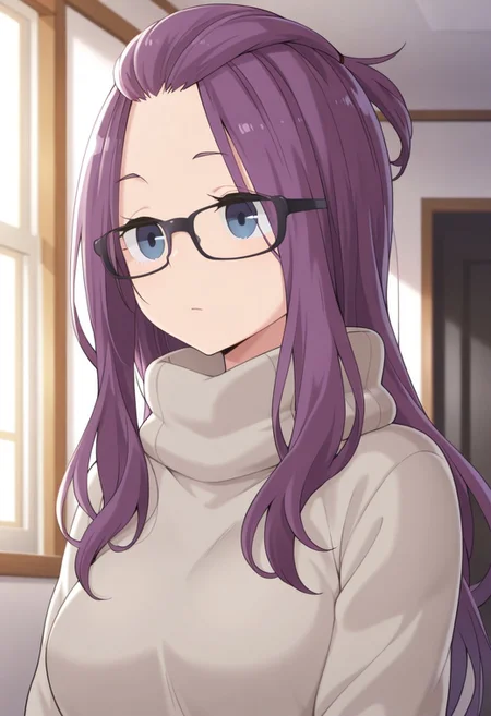 masterpiece,best quality,amazing quality, kagamihara sakura, purple hair, long hair, glasses, black-framed eyewear, blue eyes, 1girl, solo, bangs pinned back, closed mouth, sweater, turtleneck, indoors