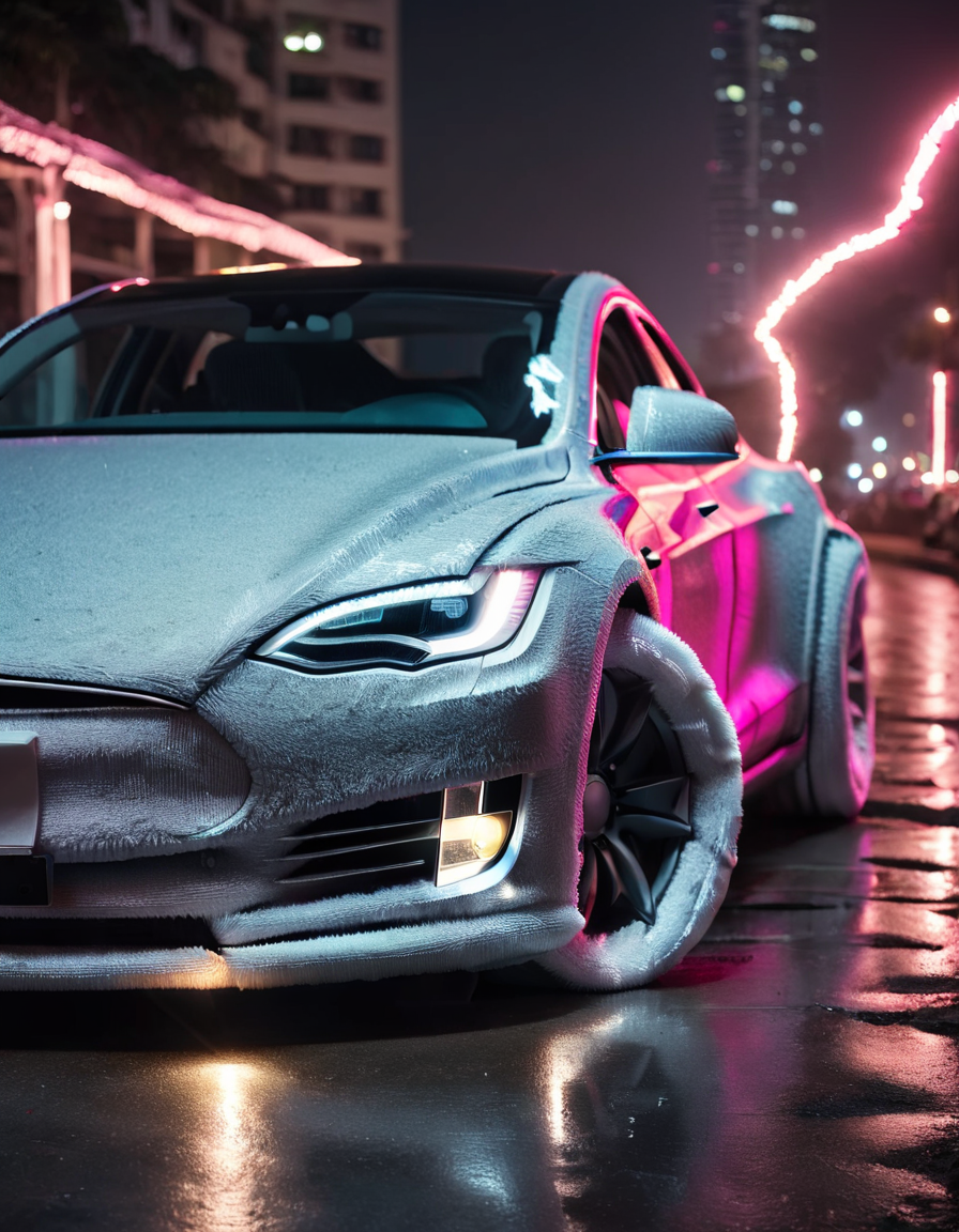 ral-towl tesla in mumbai, reflective neon paint, big rim wheels, wheels of lightning, add detail, night photo, reflections, 4k, uhd, hdr, made out of ral-towl <lora:ral-towl:1> closeup shot