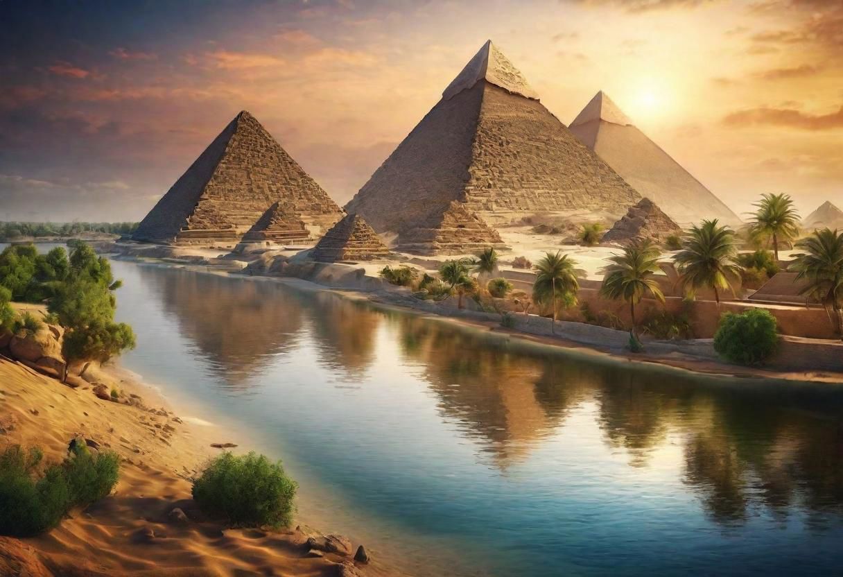 HDR,UHD,8K,Highly detailed,realistic,photo-realistic:1.37), pyramids near a river