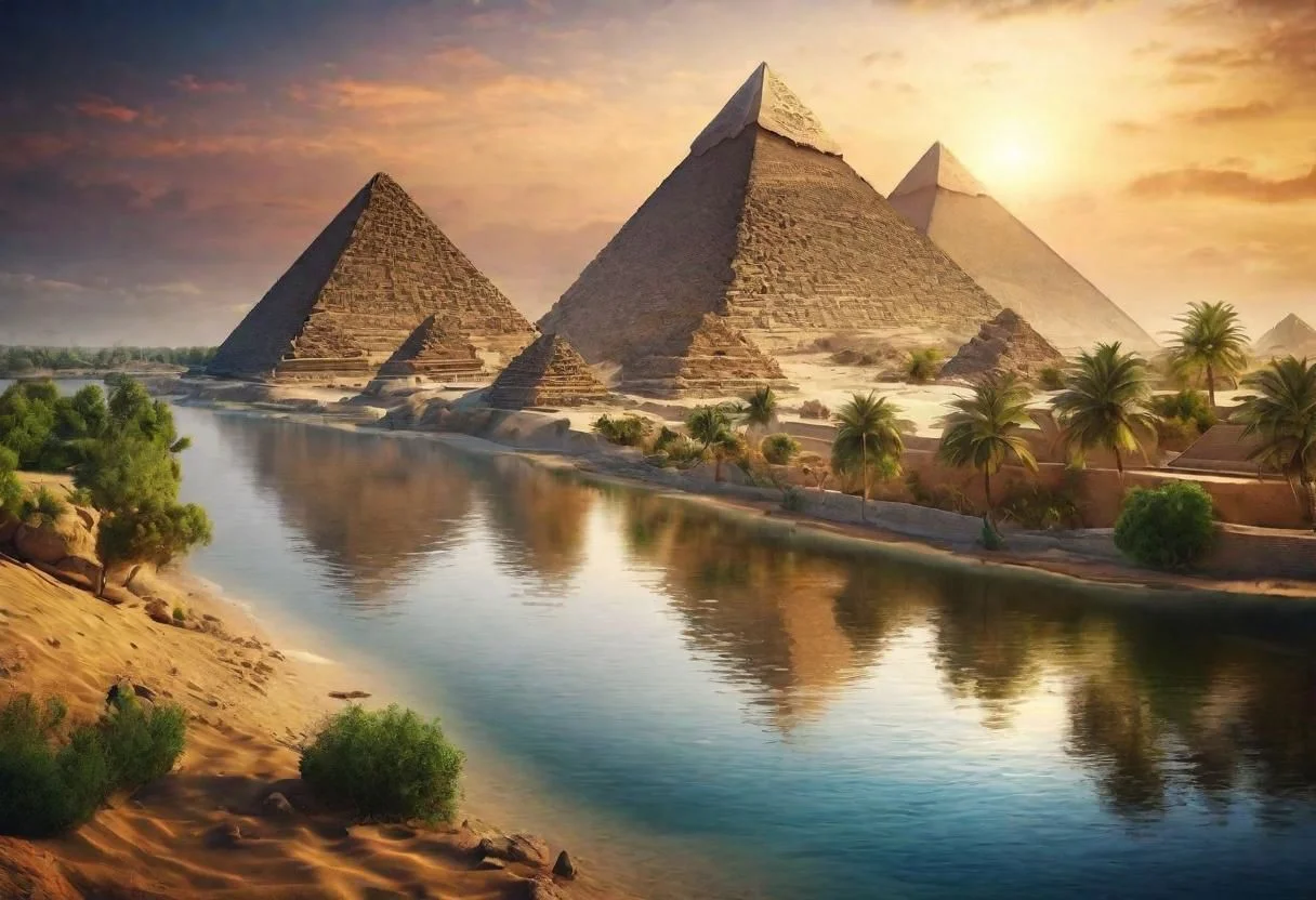 HDR,UHD,8K,Highly detailed,realistic,photo-realistic:1.37), pyramids near a river