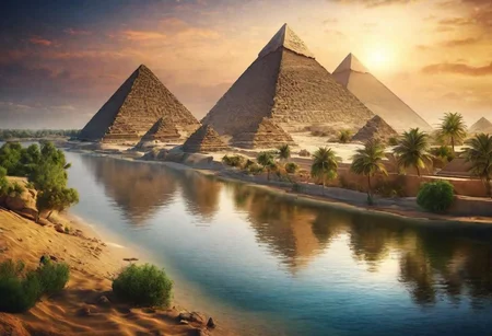 HDR,UHD,8K,Highly detailed,realistic,photo-realistic:1.37), pyramids near a river