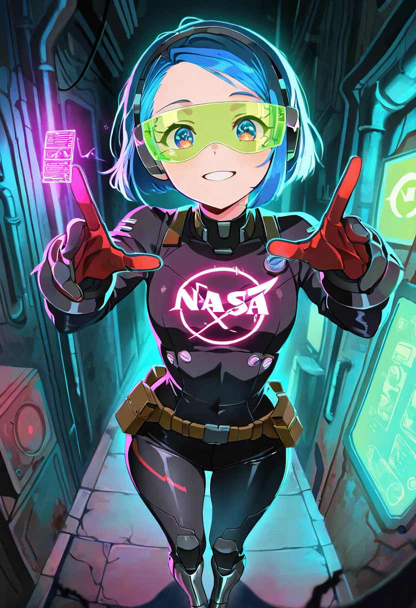 masterpiece, best quality, solo, curvy, beautiful eyes, narrow waist, wide hips, 1girl, solo, smile, looking at viewer, dynamic angle, foreshortening, close up,     N4S4, shirt, demin skirt,   ,<lora:NASAShirtAnime_IXL_v1:1.0>, [Neon Hacker], futuristic black bodysuit with neon circuit patterns glowing in shades of green and purple, slim chrome visor with a heads-up display, high-tech gloves with digital interface, sleek metallic boots, utility belt with glowing data chips, standing in front of a neon-lit screen in a dark, gritty cyberpunk alley, fingers flying over holographic keys,