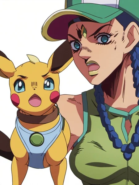 An action shot of jolyne cujoh as a pokemon trainer playing with eevee, Very detailed, clean, high quality, sharp image, jojoso style <lora:SDXL-jojoso_style-Lora:1>