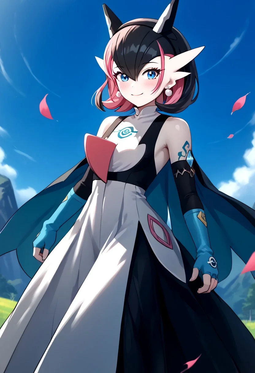 score_4,score_5,score_6,score_7_up,score_8_up,score_9 ((masterpiece,best quality,ultra detailed,highres,HD,4k:1.2)),
1 girl,solo,face focus,
((Hair between the eyes,gardevoir, pokemon_\(creature\),two-tone skin, white skin,green_skin))
short hair,black hair,multicolored hair,Inner color pink hair,blue eyes,tattoo,black head gear,earrings,very small breast,
Elbow gloves,long skirt,Bare shoulders, corsets,cape,fingerless gloves,jewelry,
smile,.blush,light smile,