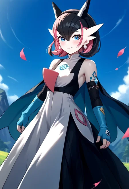 score_4,score_5,score_6,score_7_up,score_8_up,score_9 ((masterpiece,best quality,ultra detailed,highres,HD,4k:1.2)), 
1 girl,solo,face focus,
((Hair between the eyes,gardevoir, pokemon_\(creature\),two-tone skin, white skin,green_skin))
short hair,black hair,multicolored hair,Inner color pink hair,blue eyes,tattoo,black head gear,earrings,very small breast,
Elbow gloves,long skirt,Bare shoulders, corsets,cape,fingerless gloves,jewelry,
smile,.blush,light smile,