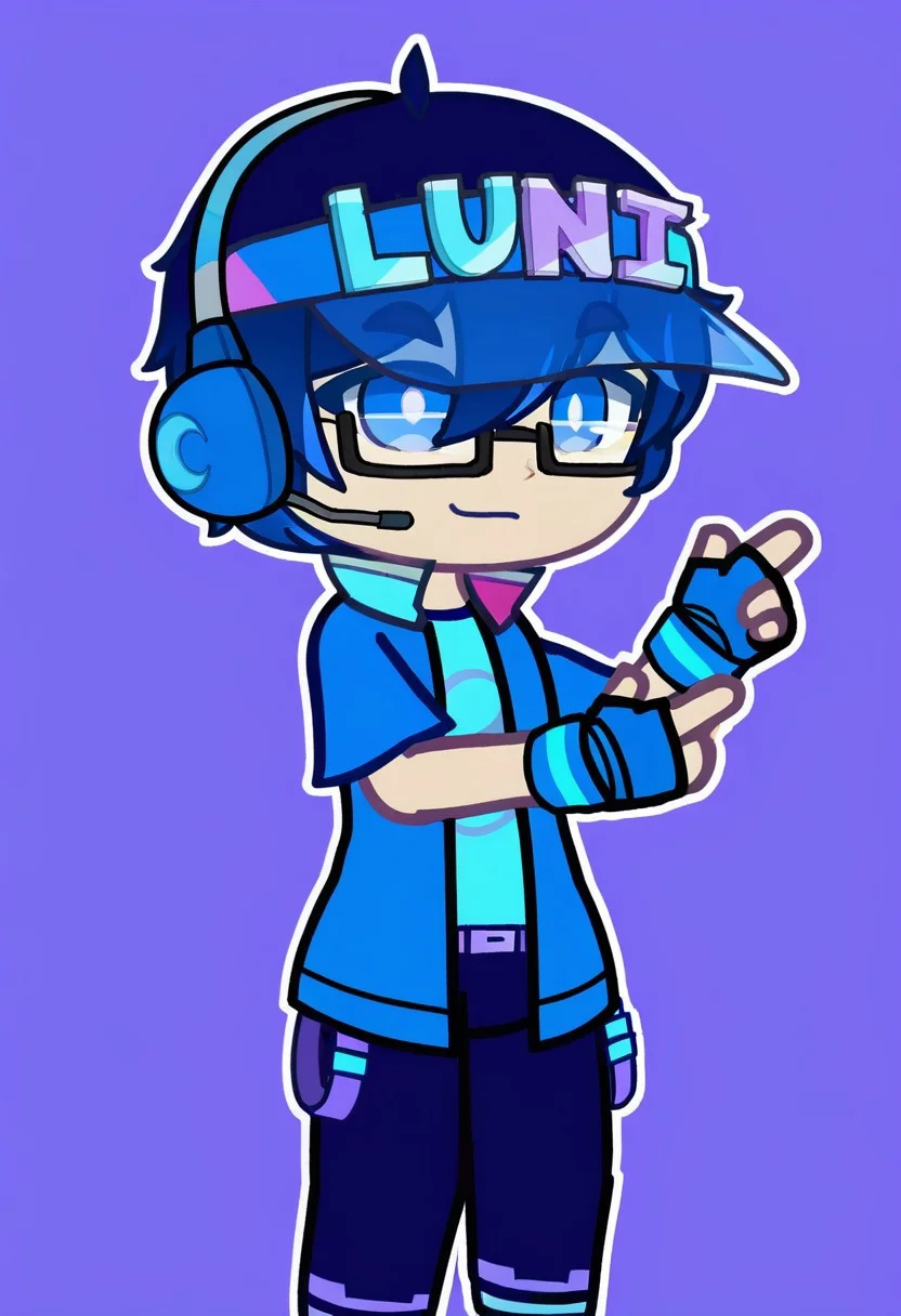 Gacha, GachaLuni, Luni, ((1boy)), blue eyes, pants, glasses, gloves, shirt, fingerless gloves, blue shirt, hat with text LUNI,