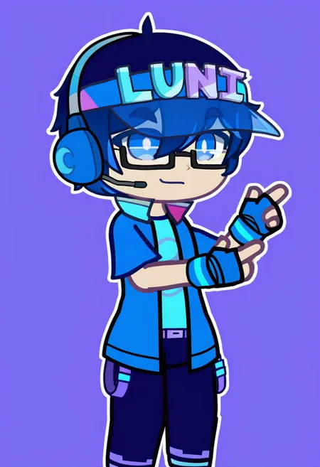 Gacha, GachaLuni, Luni, ((1boy)), blue eyes, pants, glasses, gloves, shirt, fingerless gloves, blue shirt, hat with text LUNI,