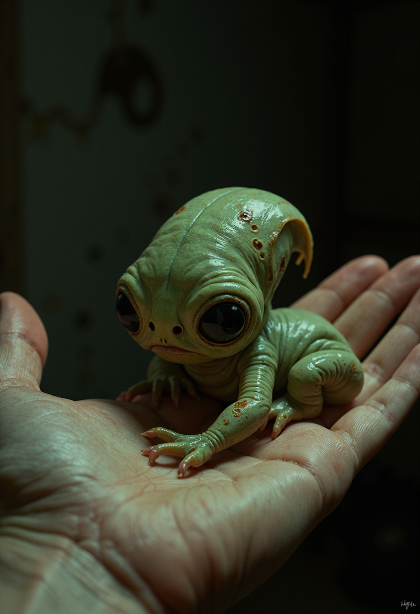 analog film photo image depicts a small, green, tentacled creature with large eyes and a bulbous body, resting on an open palm.
In the foreground, the creature's intricate details are visible: its numerous tentacles, each curled at the end, and its large, round eyes that seem to stare directly into the viewer. The creature's skin appears rough and wrinkled, with deep creases etched across its surface. Its body is a muted green color, with hints of brown and tan around the edges.
The background of the image is blurred, but it appears to be a dark room or space, with shadows cast on the walls. The overall atmosphere of the image is one of curiosity and fascination, as if the viewer is being invited to examine this strange creature up close.
The composition of the image is simple yet effective, with the creature centered in the frame and the palm serving as a subtle contrast to its alien appearance. The lighting is soft and diffused, which helps to emphasize the texture and detail of the creature's skin.
Overall, the image presents a captivating and intriguing scene that invites the viewer to explore the mysteries of this unusual creature . faded film, desaturated, 35mm photo, grainy, vignette, vintage, Kodachrome, Lomography, stained, highly detailed, found footage