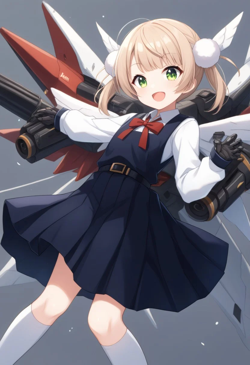 1girl, solo, score_9, score_8_up, score_7_up, source_anime, masterpiece, best quality, shigure ui (vtuber), short hair,light brown hair,twintails,pom pom hair ornament,hair intakes,bangs,green eyes, school uniform,red bow,collared shirt,white shirt,long sleeves, belt, black dress, sleeveless dress, pleated dress,pinafore dress,flat chest,kneehighs,white socks,black footwear,uwabaki, flat chest, mecha musume, mech suit, armored mech gaubtlets, armored mech greaves, mecha wings, gigantic arms, gigantic legs, robot joints, glowing eyes, mecha, floating, flying above ocean, laughing, mesugaki laughing, missile pods, cannons, firing missiles, ICBM,