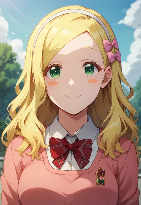 masterpiece,best quality, highly detailed, score_9, score_8_up, score_7_up, score_6_up,<lora:xl_more_art-full_v1:0.8>,
BREAK
<lora:carol:0.8>carol,1girl, blonde hair, solo, green eyes, smile, hairband, bow, long hair, blush stickers, school uniform, looking at viewer, hair bow, breasts, upper body