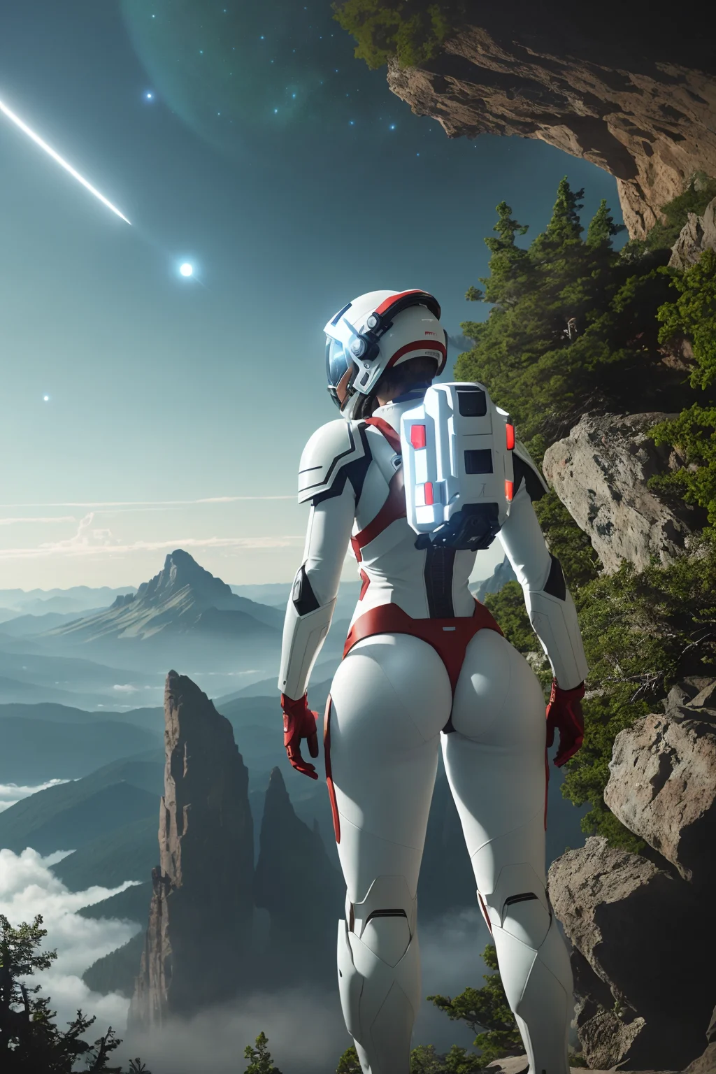 (35mmstyle:1.2), Highly detailed RAW color Photo, Rear Angle, Full Body, of (female space marine, wearing white and red space suit, futuristic helmet, tined face shield, rebreather, accentuated booty), outdoors, (standing on Precipice of tall rocky mountain, looking out at magical lush green rain forest on alien planet), vivid detail, (exotic alien planet), toned body, big butt, (sci-fi), (mountains:1.1), (lush green vegetation), (two moons in sky:0.8), (highly detailed, hyperdetailed, intricate), (lens flare:0.7), (bloom:0.7), particle effects, raytracing, cinematic lighting, shallow depth of field, photographed on a Sony a9 II, 35mm wide angle lens, sharp focus, cinematic film still from Gravity 2013, viewed from behind, dynamic angle
