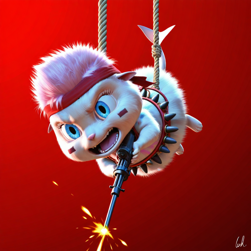embedding:lazypos,
vibrant, 1boy, solo, solo focus, male focus, bibble,creature,furry, furry male, miniboy, angry,open mouth,teeth,eye black,red headband,bandolier,holding gun, machine gun,gatling gun, firing, action pose,rope, hanging on, swinging, red background, no humans