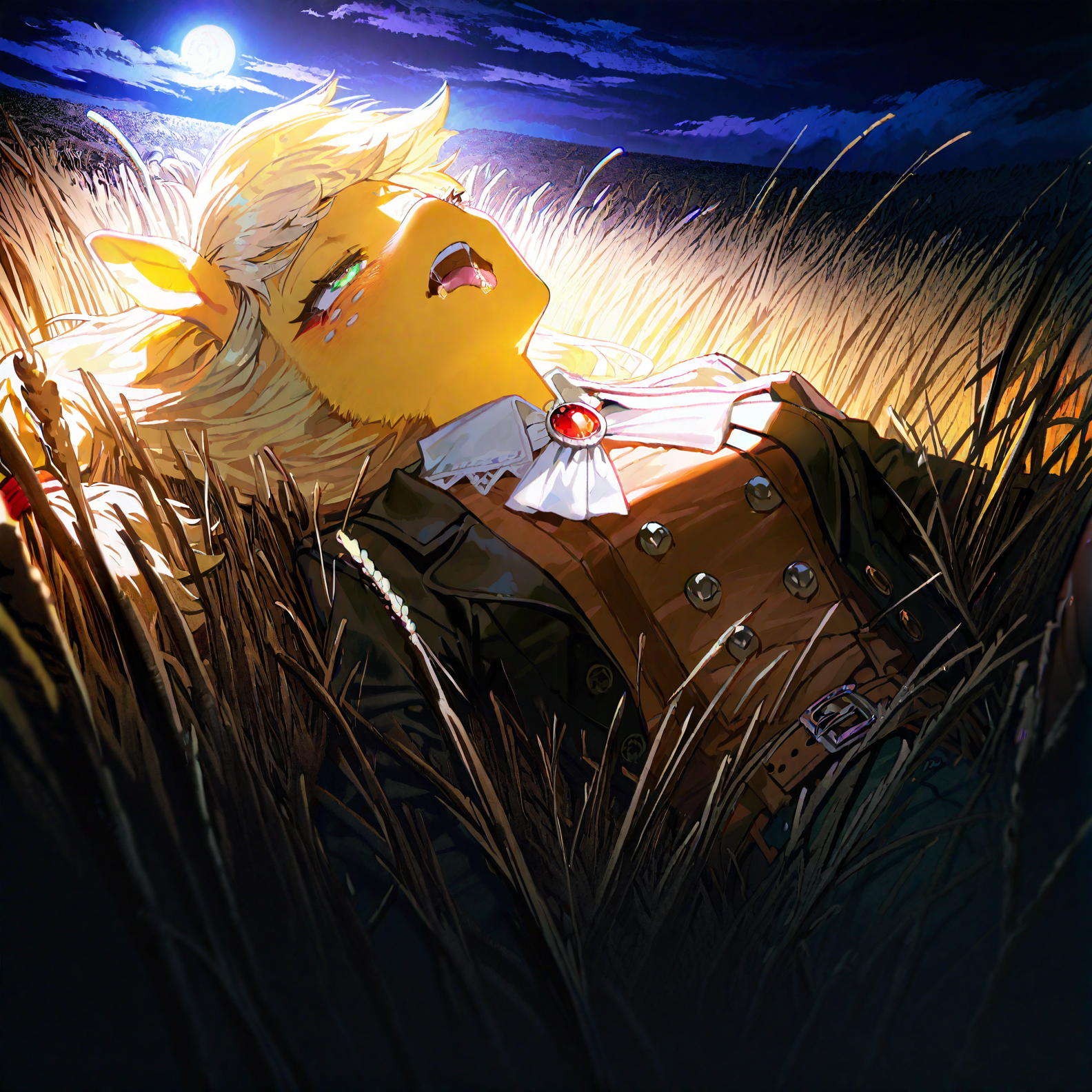 applejack , 1girl, blonde_hair , cloud ,colored_skin, furry, furry_female, long_hair,orange_skin ,outdoors, personification , solo, , wheat_field,Straw ,dot_nose, freckles, green_eyes , medium breast,night, moon,  deep night, galaxy,
green_pants, jacket,long_hair, official_alternate_costume, open_jacket, pants, single_braid, yellow_shirt,adapted_costume , braid ,brooch ,brown_belt, brown_jacket, buttons,detached_collar, knee_boots,
, pov, looking at viewer, lying, tongue ,tongue_out , open mouth, saliva,saliva_trail ,saliva_drip ,on back, suggestive_fluid, blush, rolling eye,
rella, rolua,  quasarcake:0.8, negative space,  very awa,
masterpiece, best quality, Good quality, very aesthetic, absurdres, newest, (Perfect details),
<lora:ponyv5_noobV065S_1_adamW:0.8>, <lora:illustrious_noobai_epsilon_pred_1_best_quality_v1:0.7> ,<lora:illustrious_noobai_epsilon_pred_11_very_aesthetic_v1:0.7> ,<lora:illustrious_noobai_epsilon_pred_1_masterpieces_v1:0.7> , <lora:Straw_thread:1>