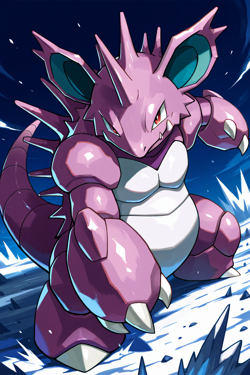 masterpiece, best quality,   Nidoking, solo, no humans, pokemon (creature), single horn, claws, <lora:NidokingPokedexIXL:1.0>,