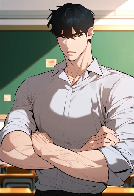 1boy, solo
<lora:Character - Designated Bully - Kwon Daegun:1> kwondaegun, black eyes, black hair, muscular, muscular male,
, zPDXL, score_9_up, score_8_up, score_7_up, score_6_up, score_5_up, score_4_up, best quality, normal aesthetic, absurdres, year2023, sfw, uncensored,
classroom, looking at viewer, upper body, school uniform, sleeves rolled up,