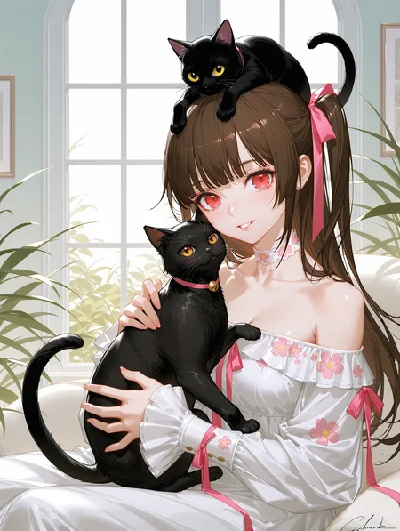 artist:ask_(askzy),artist:yolanda,[artist:WANKE],artist:ciloranko BREAK Simple Flat Coloring,shiny skin,1girl, cat, animal, brown hair, solo, long hair, holding, dress, collarbone, looking at viewer, bare shoulders, bangs, red eyes, smile, choker, holding animal, blush, ribbon, breasts, signature, black cat, hair ribbon, one side up, holding cat, long sleeves, animal on head, parted lips, on head, cat on head, window, floral print, indoors, white dress, pink ribbon, off shoulder
