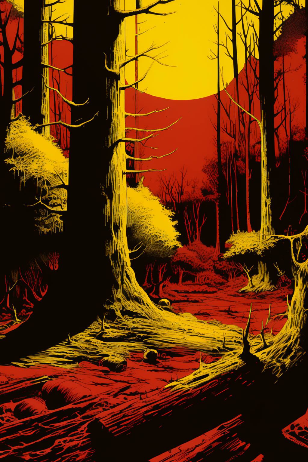 <lora:v5lcnXL-000004:1> a yellow forest landscape in the style of v5lcn over red background