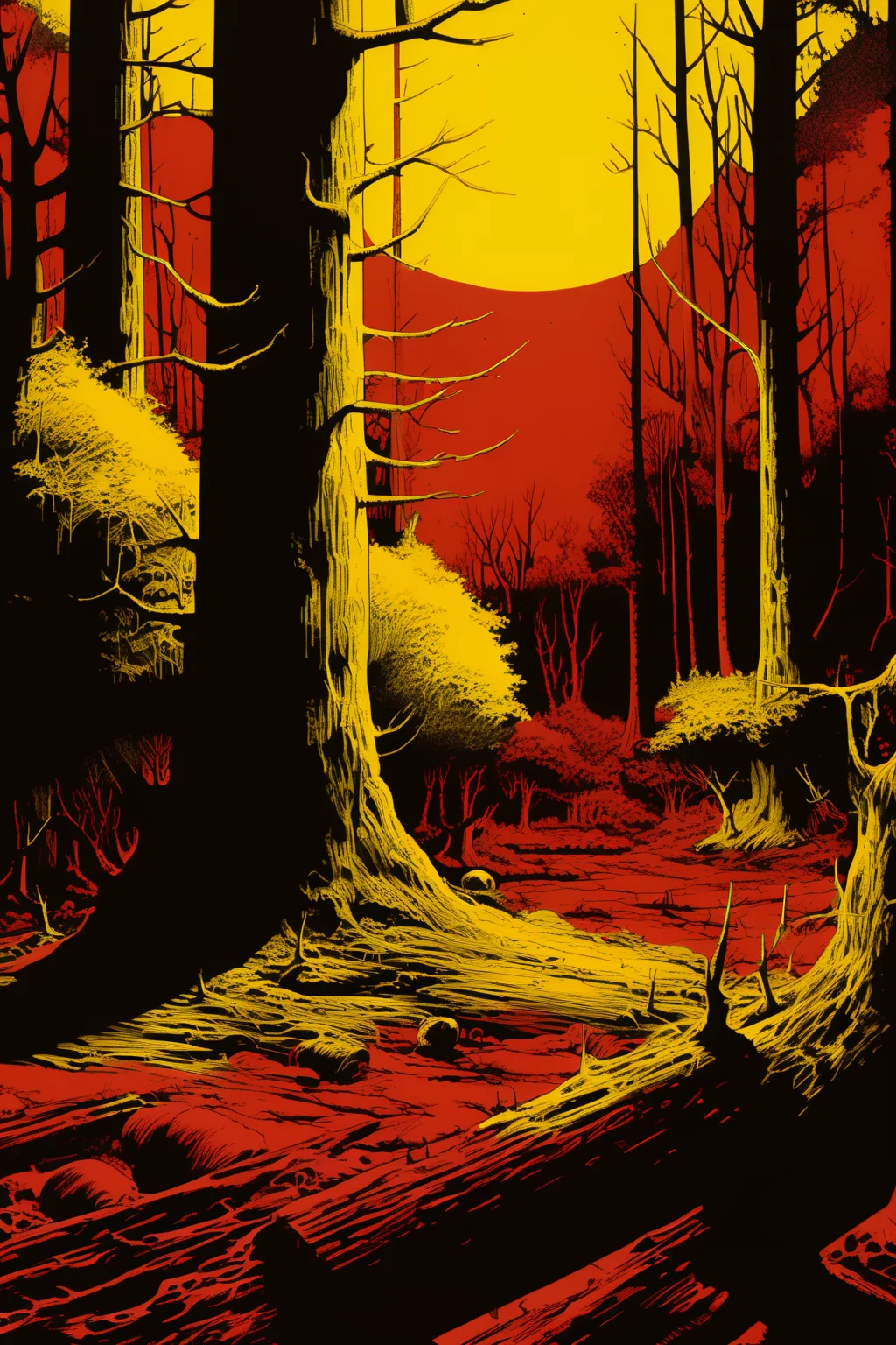 <lora:v5lcnXL-000004:1> a yellow forest landscape in the style of v5lcn over red background