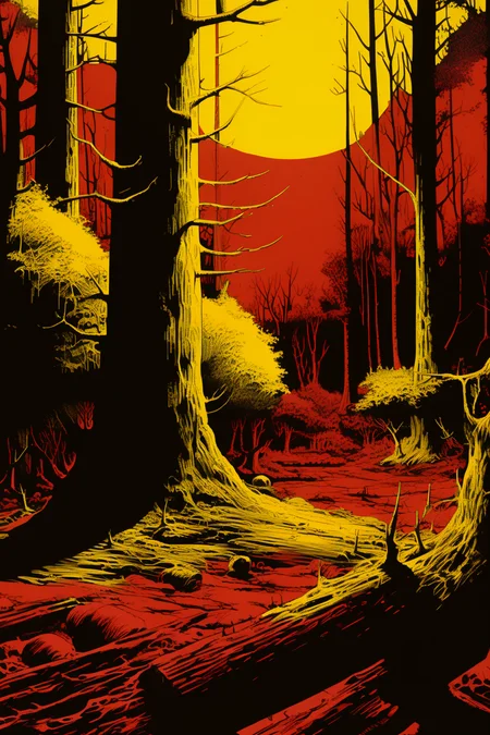 <lora:v5lcnXL-000004:1> a yellow forest landscape in the style of v5lcn over red background