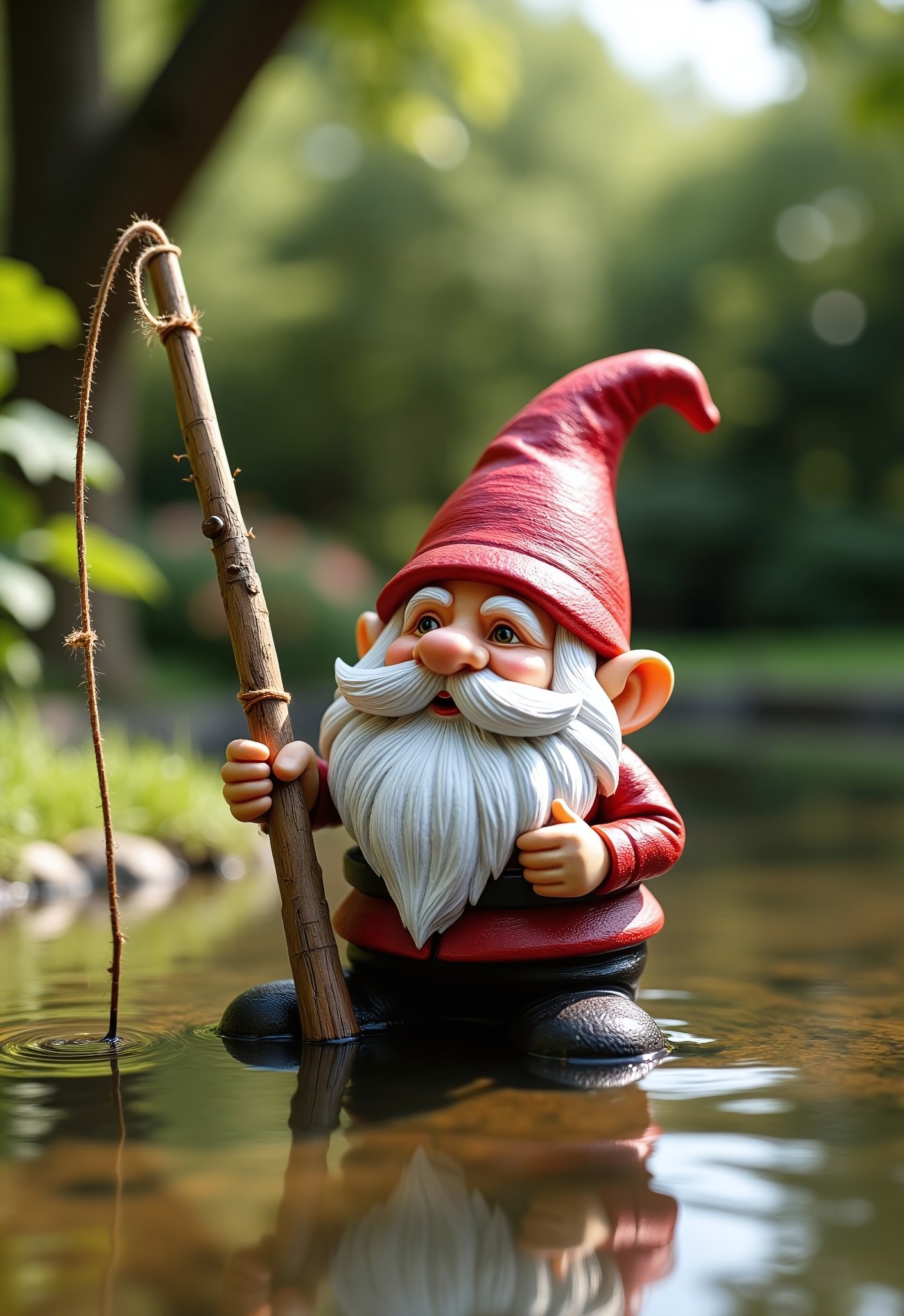 aidmaimageupgrader, a high quality digital image of an intricate garden gnome fishing in a garden pond, the gnome is in a perfect idyllic garden on a sunny day, the gnome has a simple fishing rod made of a single stick of wood and single bit of string