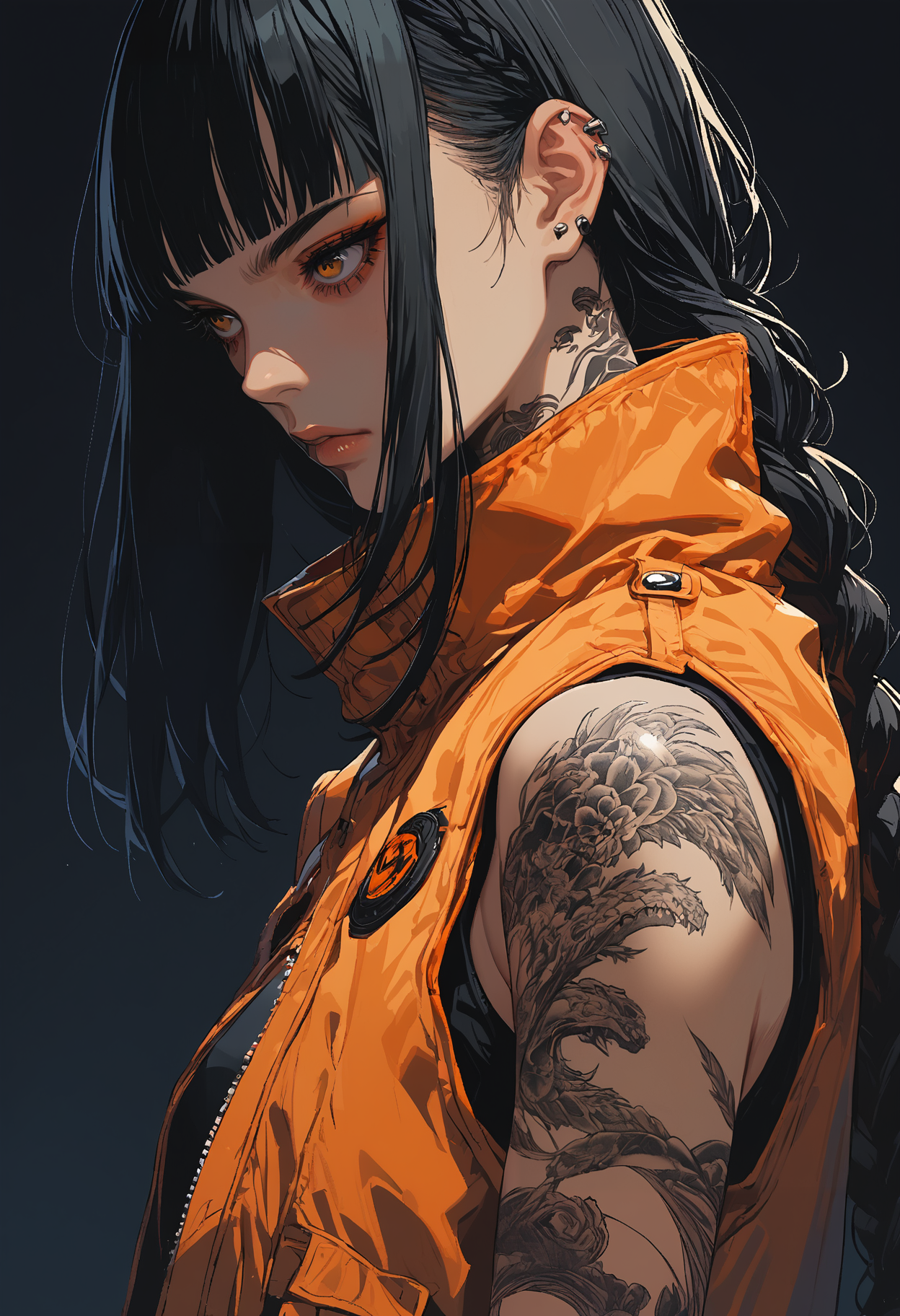 score_9, score_8_up, score_7_up,source_anime,1girl,solo,black hair,long hair,braided ponytail,blunt bangs,brown eyes,perfecteyes,eyebrows,hair behind ear,high neck orange jacket,sleeveless jacket,tattoos,pants,from the side,dark background,sinozick,flat colors,cowboy body shot