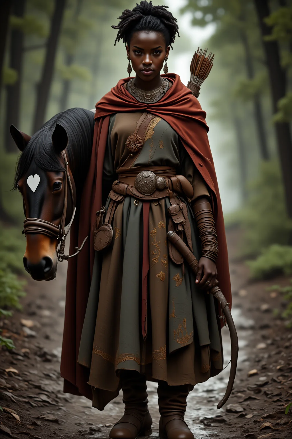A photo-realistic shoot from a front camera angle about a young woman dressed in traditional clothing stands confidently beside a horse in a forest setting, holding a bow and arrow. on the middle of the image, a 20-year-old dark-skinned woman with an afro hairstyle appears to be standing, looking directly at the viewer with a serious expression. she is wearing a long, flowing dress with intricate gold embroidery and a red shawl draped over her shoulders. her hair is styled in an intricate updo, and she is adorned with jewelry including earrings, a necklace, and a sword. on her right side, a brown horse with a black mane and a white heart-shaped mark is standing beside her. the background is blurred, with trees and greenery, and the lighting is soft and natural, creating a serene atmosphere.
A full body portrait, standing pose, photorealistic, African, fantasy, woman, archer, D&D character, full body portrait, photorealistic, draped cloak, bow, Greg Rutkowski visual style, belt, pouches, cinematic portrait, bun hair, dark skin, detailed, curly hair, horse, wilderness, forest, muddy road, worn boots, styled ornaments, tribal clothing, detailed clothing textures, depth of view, natural sunlight, elegant tribal jewelry, earrings, beaded necklaces, broche or pendant, D&D, fantasy superhero, rogue