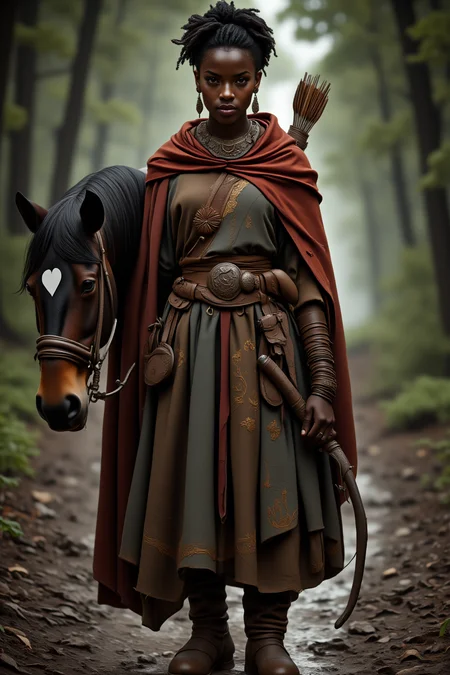 A photo-realistic shoot from a front camera angle about a young woman dressed in traditional clothing stands confidently beside a horse in a forest setting, holding a bow and arrow. on the middle of the image, a 20-year-old dark-skinned woman with an afro hairstyle appears to be standing, looking directly at the viewer with a serious expression. she is wearing a long, flowing dress with intricate gold embroidery and a red shawl draped over her shoulders. her hair is styled in an intricate updo, and she is adorned with jewelry including earrings, a necklace, and a sword. on her right side, a brown horse with a black mane and a white heart-shaped mark is standing beside her. the background is blurred, with trees and greenery, and the lighting is soft and natural, creating a serene atmosphere.

A full body portrait, standing pose, photorealistic, African, fantasy, woman, archer, D&D character, full body portrait, photorealistic, draped cloak, bow, Greg Rutkowski visual style, belt, pouches, cinematic portrait, bun hair, dark skin, detailed, curly hair, horse, wilderness, forest, muddy road, worn boots, styled ornaments, tribal clothing, detailed clothing textures, depth of view, natural sunlight, elegant tribal jewelry, earrings, beaded necklaces, broche or pendant, D&D, fantasy superhero, rogue
