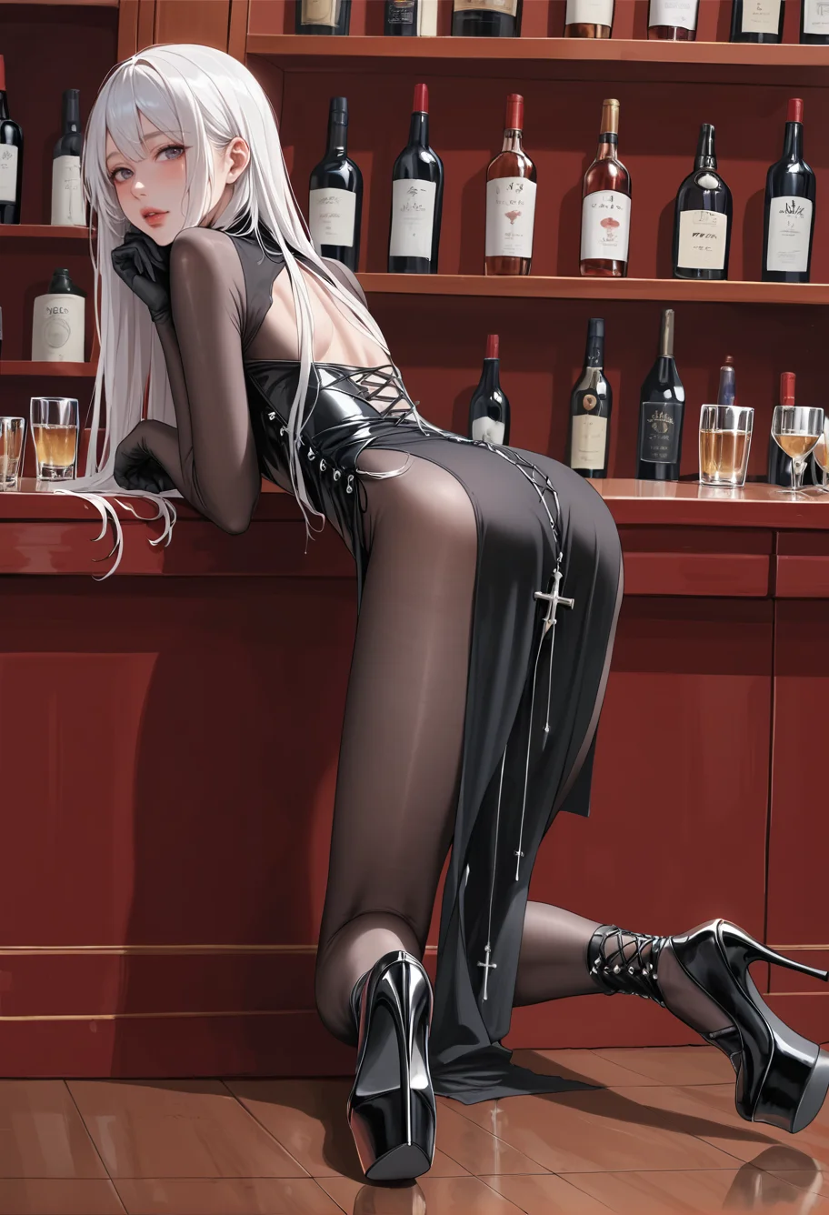 1girl,solo,,ruanyi0849,black bodysuit,black dress,black gloves,cross-laced clothes,pelvic curtain,side slit,see-through,bodystocking,cross-laced footwear,platform heels,
long hair,white hair,all fours,full body,bar \(place\),kneeling,<lora:0849 black cheongsam_v1_pony:0.9>, score_9,score_8_up,score_7_up,,8k,1girl,solo,,
