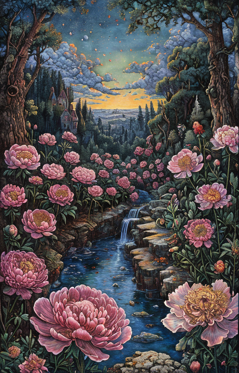 masterpiece,best quality,<lora:tbh179-sdxl:0.9>,illustration,style of David Welker, decaying peonies