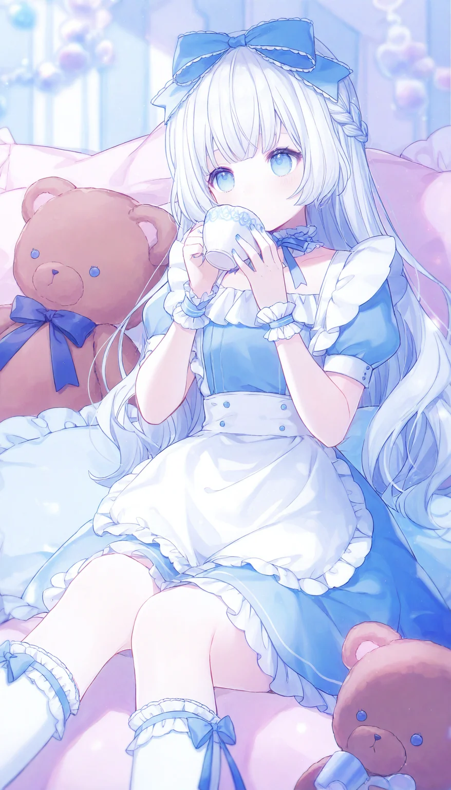 1girl, cup, teddy bear, solo, stuffed toy, stuffed animal, blue eyes, frills, bow, holding, long hair, holding cup, short sleeves, blue bow, hair bow, blue dress, dress, socks, puffy short sleeves, puffy sleeves, ribbon, braid, white socks, sitting, wrist cuffs, white hair, blue nails, blue ribbon, frilled dress, kneehighs, frilled socks, pillow, drinking, choker, frilled choker, apron,
masterpiece,best quality,newest,absurdres,highres,very awa,<lora:sei3_noob1.1-000200:0.9>,