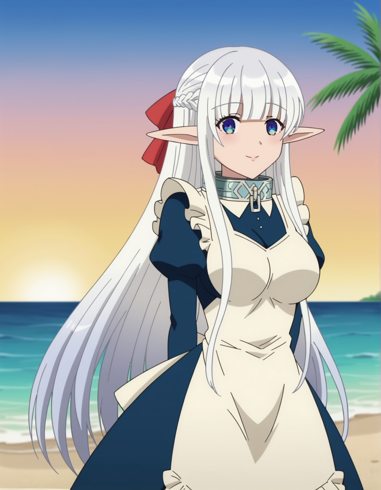 1girl, anime screencap, <lora:VexVexX_Nephelia_PONYXL:1>, Nephelia, white hair, very long hair, braid, blunt bangs, blue eyes, pointy ears, elf, hair bow, metal collar, medium large breasts, deep skin, skindentation, seductive smile, detailed skin, glossy skin, blue dress, maid, maid apron, long sleeves, puffy sleeves, cowboy shot, from front, standing, hands behind back, legs together, thighs together, looking at viewer, outside, beach, ocean, palm trees,