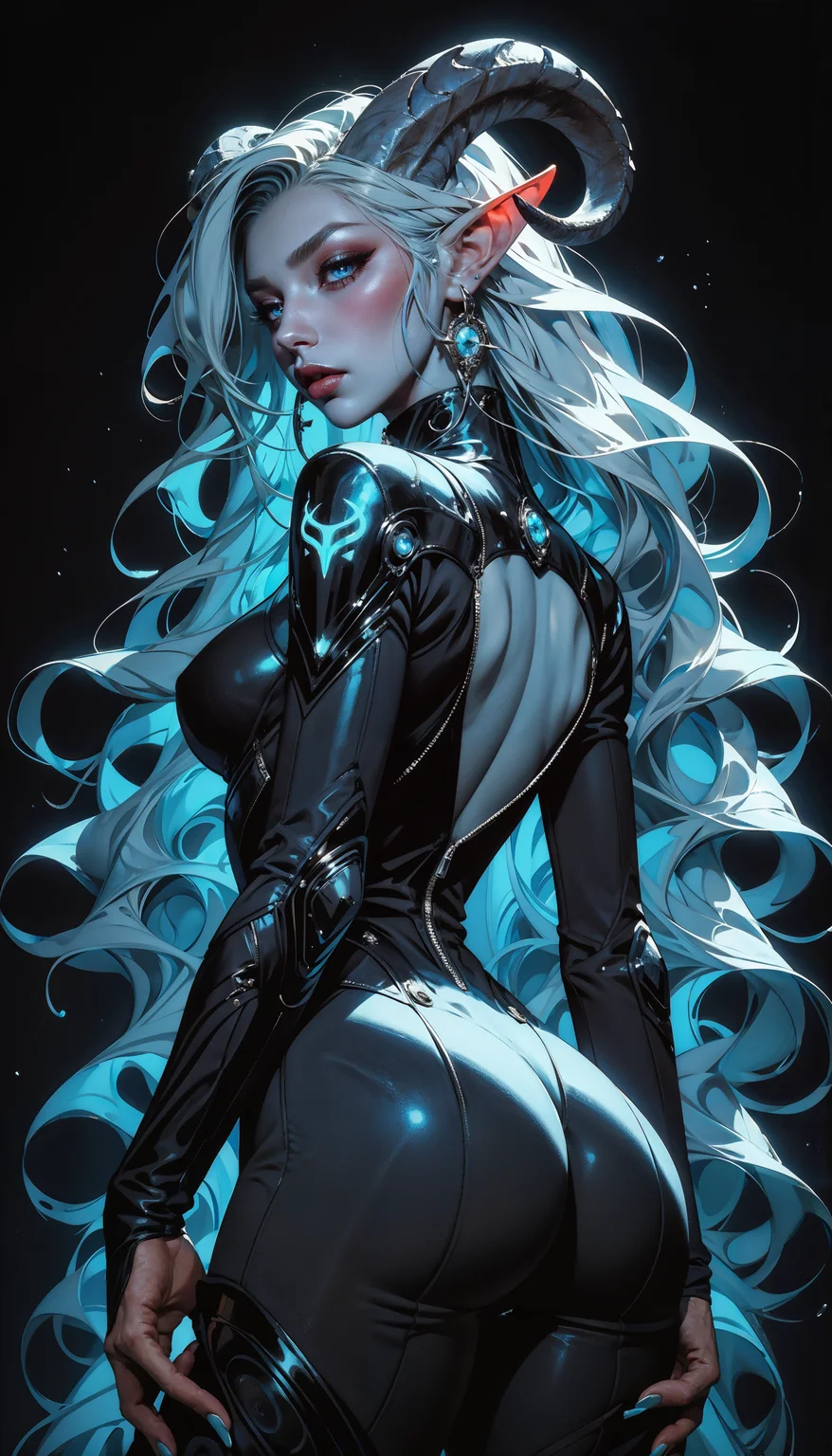 score_9, score_8_up, score_7_up, score_6_up, score_5_up, score_4_up, 1girl, solo, flowing hair, glowing blue eyes, curved ram horns, sharp ears, blue skin, demoness, tiefling, limited blue palette, eerie atmosphere, big butt, booty, bubble butt, provocative, ass view, bare ass, unzipped suit, pulled down pants, seductive, makeup, eyeliner, eyeshadow, dark background, neon, contour light, dynamic scene, detailed, masterpiece, wide angle <lora:Expressive_H-000001:0.6>, expressiveH <lora:g0th1cPXL:0.4> <lora:incase_style_v3-1_ponyxl_ilff:0.3> <lora:sinfully_stylish_SDXL:0.4>