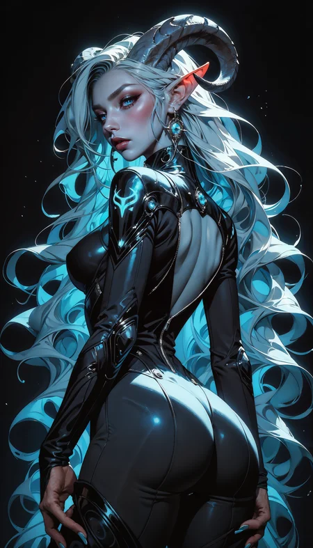 score_9, score_8_up, score_7_up, score_6_up, score_5_up, score_4_up, 1girl, solo, flowing hair, glowing blue eyes, curved ram horns, sharp ears, blue skin, demoness, tiefling, limited blue palette, eerie atmosphere, big butt, booty, bubble butt, provocative, ass view, bare ass, unzipped suit, pulled down pants, seductive, makeup, eyeliner, eyeshadow, dark background, neon, contour light, dynamic scene, detailed, masterpiece, wide angle <lora:Expressive_H-000001:0.6>, expressiveH <lora:g0th1cPXL:0.4> <lora:incase_style_v3-1_ponyxl_ilff:0.3> <lora:sinfully_stylish_SDXL:0.4>