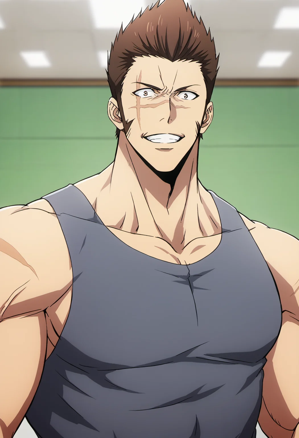 1boys, tanakakenzo_sololeveling, short hair, brown hair, (brown eyes),sharp hair,(sideburns) , scar on face, gray tanktop, pants, Middle Ages, score_7_up, score_6_up, score_8_up, score_9_up, manly, muscular, (stocky body), (big muscle), big arms, abs, looking at viewer, ((detailed eyes)), face_focus, first-person perspective, pov, 8k uhd, high quality, (veiny arms), arms at side, close up,  a muscular men standing in a bedroom, surprised, smile