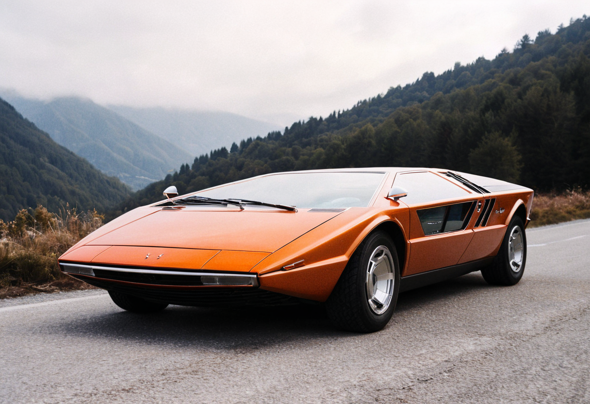 ClassicSportsCar, gleaming orange Maserati Boomerang, side front view, foggy, road, mountains, scenic landscape, 4K, highly detailed, (((stylish grainy analog 35mm film photo)))