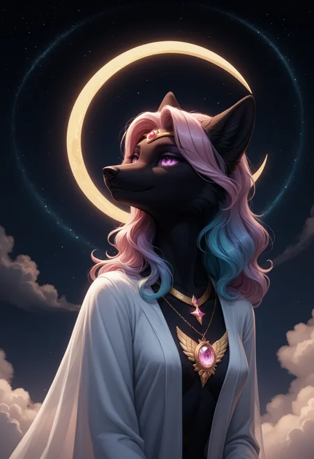 score_9, score_8_up, score_7_up, score_6_up, score_5_up, FurFemX, furry, 1girl, fox, rainbow fur, side view, epic moment, glowing crescent, moonlit sky, mystical mist, celestial alignment, enchanted amulet, soft pastel tones, ethereal glow, delicate silk robes, floating gracefully, serene atmosphere, cosmic harmony, divine presence, dreamlike aura