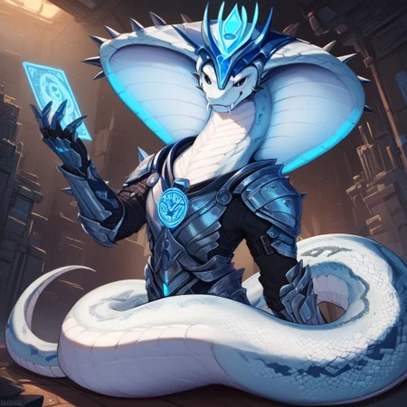 score_9, score_8_up, score_7_up, score_6_up, semi-realistic artwork, high quality, vibrant colors, best quality rendering, intricate details, high resolution, sharp focus, best render quality,[e621] Scappo Style,Expressiveh
1boy,King viper,Draconcopode, snake,cobra,black eyes,white scales, blue accents,armor, headgear, hologram above head, spikes,full body view,detailed scale,lamia,fangs