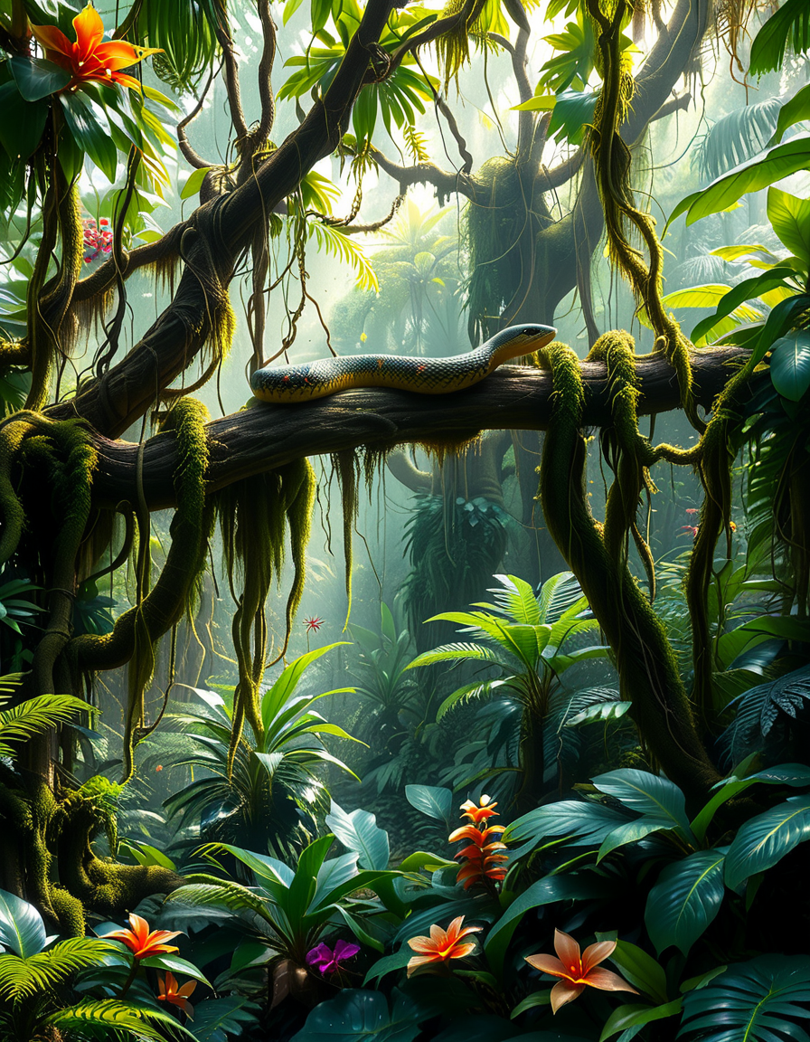 A dense and vibrant jungle,jungl3, captured in a realistic photographic style, with lush green foliage of various tropical plants, tall trees covered in moss and vines, and sunlight filtering softly through the canopy above. The atmosphere feels humid and alive, with small details such as ferns, orchids, and a scattering of tropical flowers in shades of red, yellow, and purple. A narrow, winding dirt path cuts through the undergrowth, partially hidden by fallen leaves and roots. The scene feels immersive and serene, with subtle mist lingering in the distance, enhancing the sense of depth and mystery. The overall lighting is natural, with dappled sunlight creating dynamic shadows on the ground and the surrounding plants.
<lora:jungl3:1><lora:SDXLFaeTastic2400:0.4> <lora:extremely_detailed:0.4> extremely detailed, Masterpiece,best quality,hi res,8k,hi res,8k,award winning,(sharp focus, intricate, highly detailed),