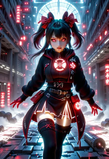 3d opening action scene, young woman, rin tohsaka cosplay, detailed beautiful face, fingerless gloves, coat over sweater, red|black, (glowing hair buns, hair ornament), skirt, thighhighs, high angle view