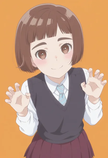 anime screencap, anime coloring,  <lora:DX888KazusaIL:1> onodera kazusa, brown eyes, thick eyebrows, brown hair, short hair, bob cut, blunt bangs, BREAK simple background,  orange background,  BREAK school uniforme, white shirt, striped necktie, skirt, sweater vest,  BREAK  1girl, blush, claw pose, cowboy shot, from above, hands up,  looking at viewer,  smile, solo, standing,
