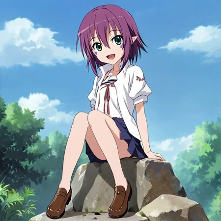 score_9, score_8_up, score_7_up, anime_source, source_anime, best background, detailed background, anime screencap, (best quality, ultra detailed), good eyes, perfect eyes, detailed eyes, detailed face, 
BREAK
merry_nightmare, 1girl, solo, green eyes, purple hair, short hair, flat chest, pointy ears, facial mark, smile, open mouth, looking at viewer, 
BREAK
school_uniform, (white_shirt), collared_shirt, pleated_skirt, bare legs, brown shoes,
BREAK
full body, (sitting on a rock), outdoor, open field, green area, mountains on the horizon, daytime, clouds, sky.