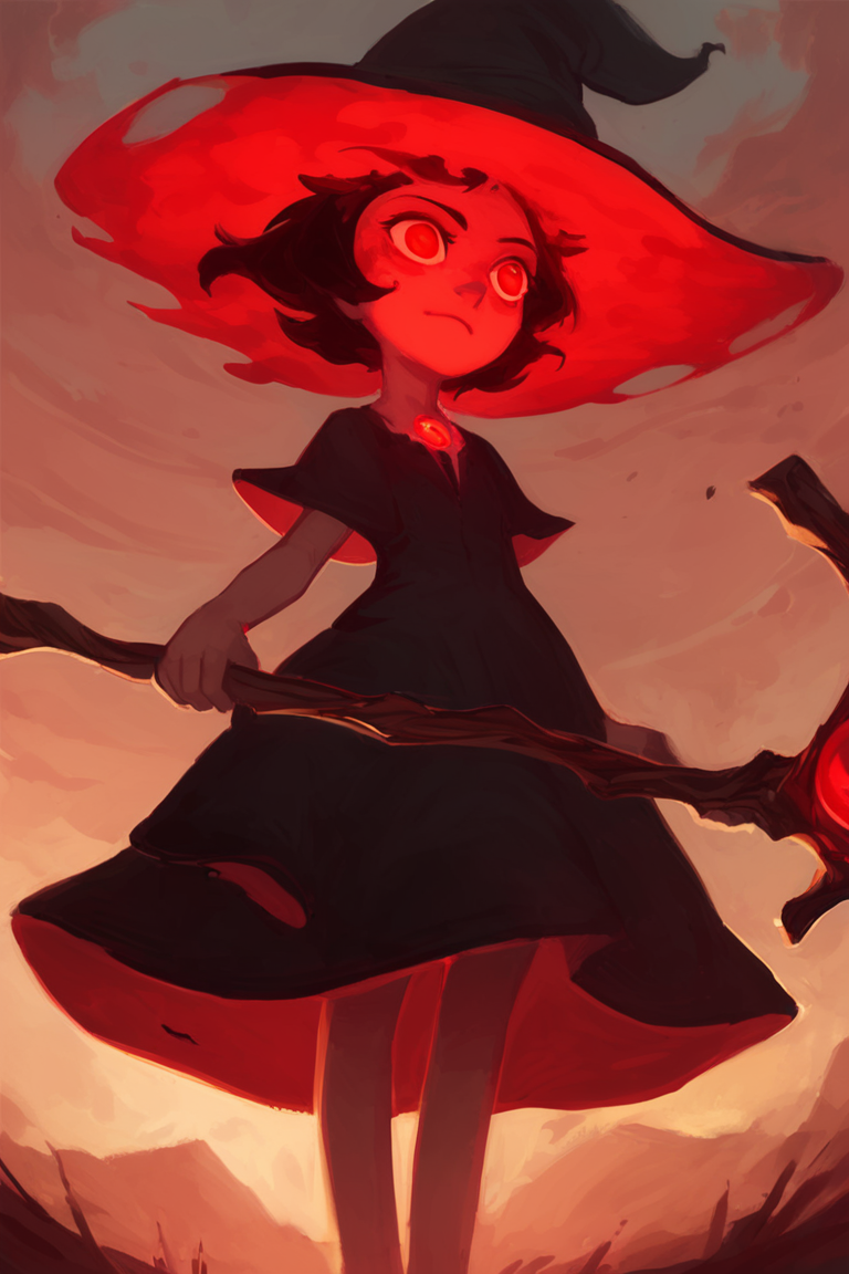 score_9, score_8_up, score_7_up, score_6_up, (solo), outdoors, 1girl, glowing red eyes, black ears, witch hat, (black dress), (red glowing magical staff), (cute:0.3), in the style of beatrix potter, cel-shading, ink splatter, sky, backlit, dark aura, dramatic angle
<lora:feason_style:1.0> feason style
