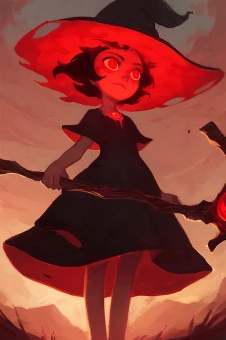 score_9, score_8_up, score_7_up, score_6_up, (solo), outdoors, 1girl, glowing red eyes, black ears, witch hat, (black dress), (red glowing magical staff), (cute:0.3), in the style of beatrix potter, cel-shading, ink splatter, sky, backlit, dark aura, dramatic angle
<lora:feason_style:1.0> feason style
